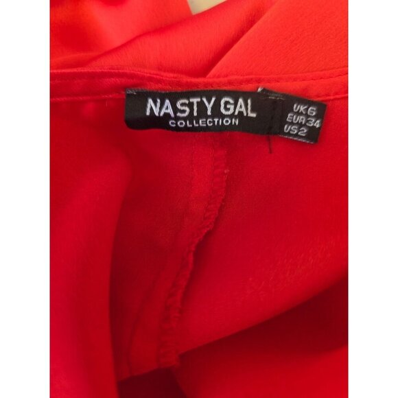 Nasty Gal Red Satin Ruched Wrap Style Blouse Size 2 Long Cuff Slv Plunging VNeck - Picture 4 of 9